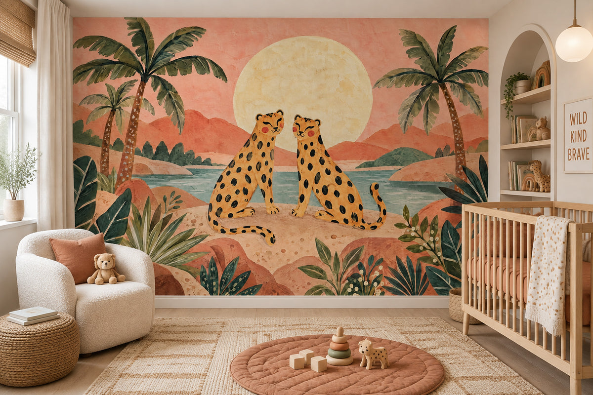 Cheetahs And Palms Wallpaper Muted Green Wall Mural