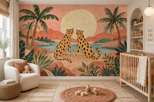 Cheetahs And Palms Wallpaper Muted Green Wall Mural