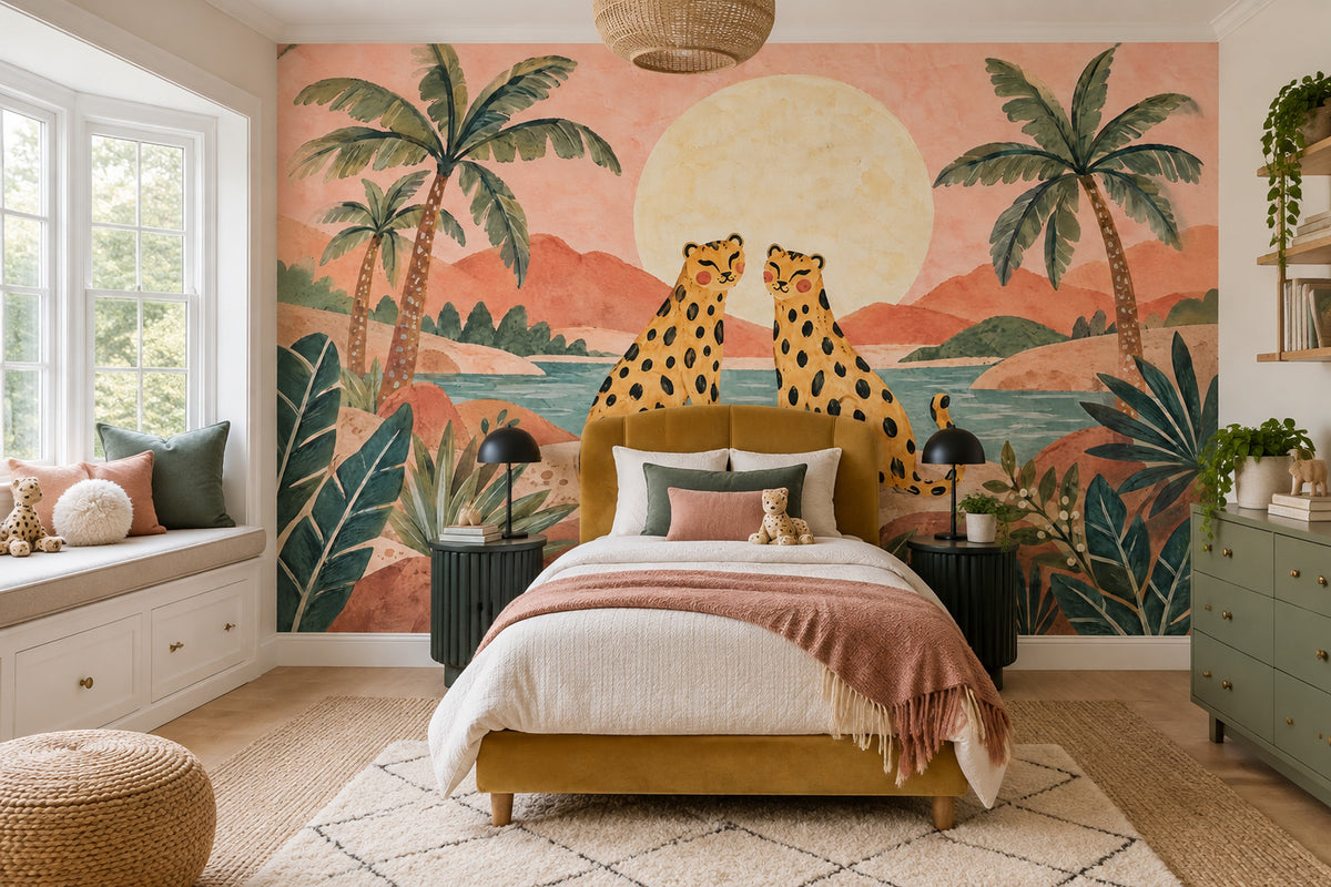 Cheetahs And Palms Wallpaper Muted Green Wall Mural