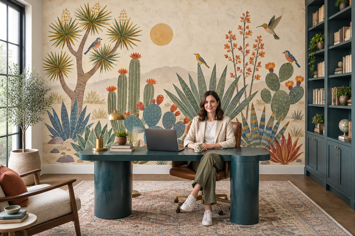 Desert Cactus Wallpaper Vintage Botanical Wall Mural