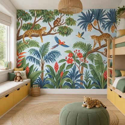 Tropical Jungle Animals Wallpaper Watercolor Illustration Wall Mural