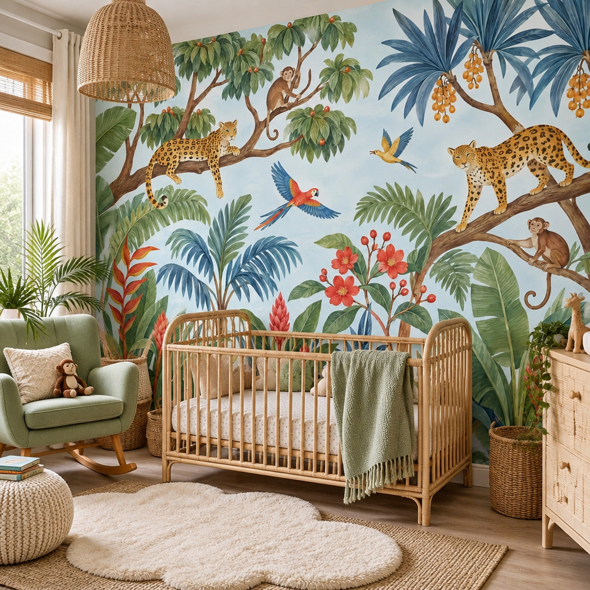 Tropical Jungle Animals Wallpaper Watercolor Illustration Wall Mural