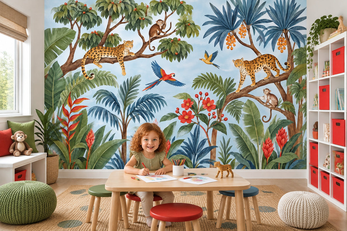 Tropical Jungle Animals Wallpaper Watercolor Illustration Wall Mural