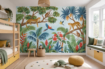 Tropical Jungle Animals Wallpaper Watercolor Illustration Wall Mural