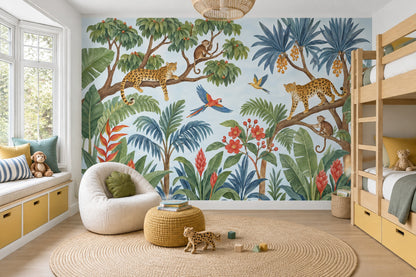 Tropical Jungle Animals Wallpaper Watercolor Illustration Wall Mural