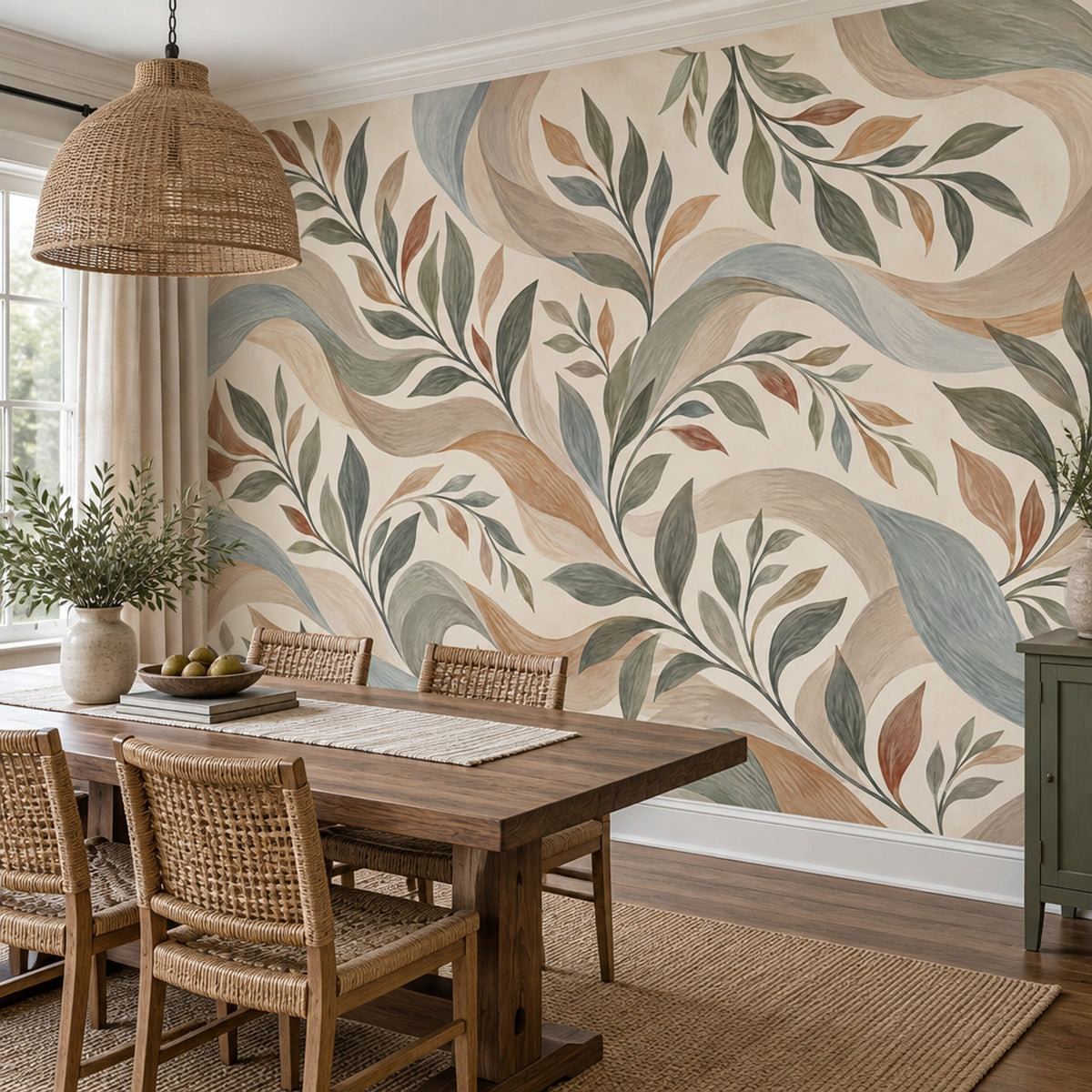 Watercolor Leafy Vines Wallpaper Sage Green Botanical Wall Mural
