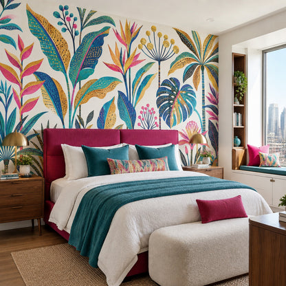 Tropical Botanical Wallpaper Teal Leaves And Gold Accents Wall Mural