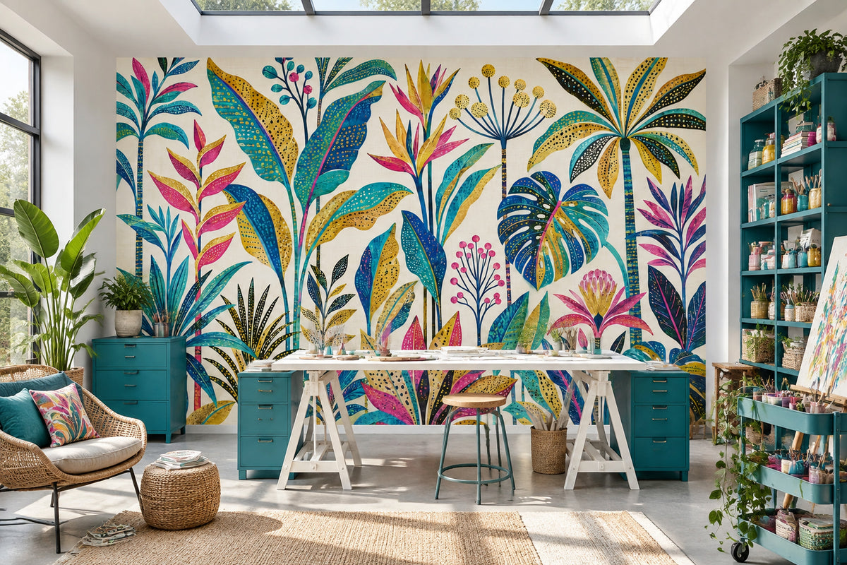 Tropical Botanical Wallpaper Teal Leaves And Gold Accents Wall Mural