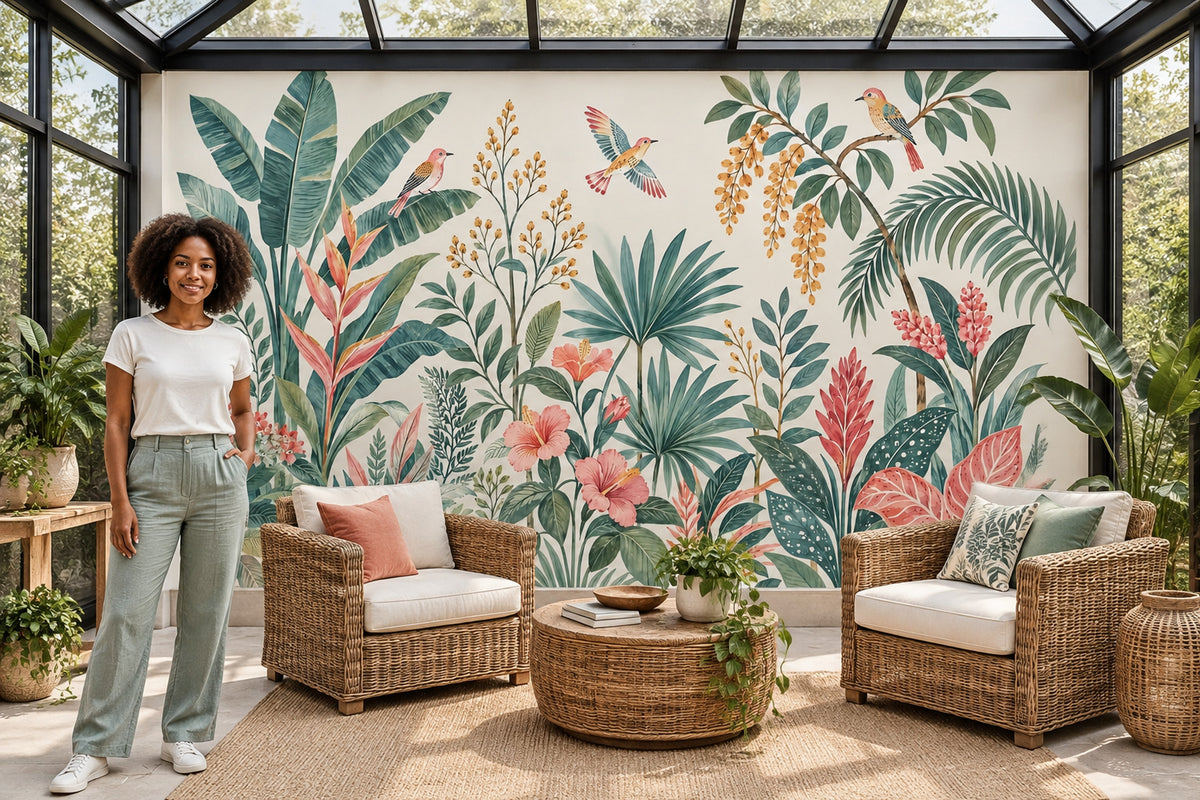 Watercolor Tropical Birds Wallpaper Botanical Jungle Foliage Wall Mural