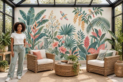Watercolor Tropical Birds Wallpaper Botanical Jungle Foliage Wall Mural