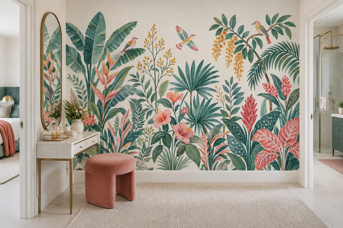 Watercolor Tropical Birds Wallpaper Botanical Jungle Foliage Wall Mural
