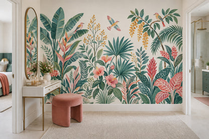 Watercolor Tropical Birds Wallpaper Botanical Jungle Foliage Wall Mural