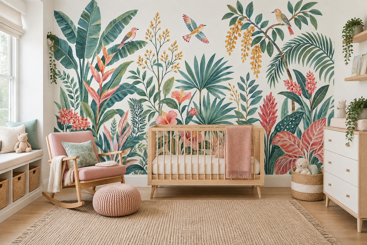 Watercolor Tropical Birds Wallpaper Botanical Jungle Foliage Wall Mural