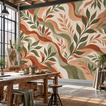Green Leaf Branches Wallpaper Terracotta Bohemian Wall Mural