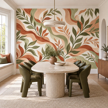 Green Leaf Branches Wallpaper Terracotta Bohemian Wall Mural