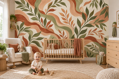Green Leaf Branches Wallpaper Terracotta Bohemian Wall Mural
