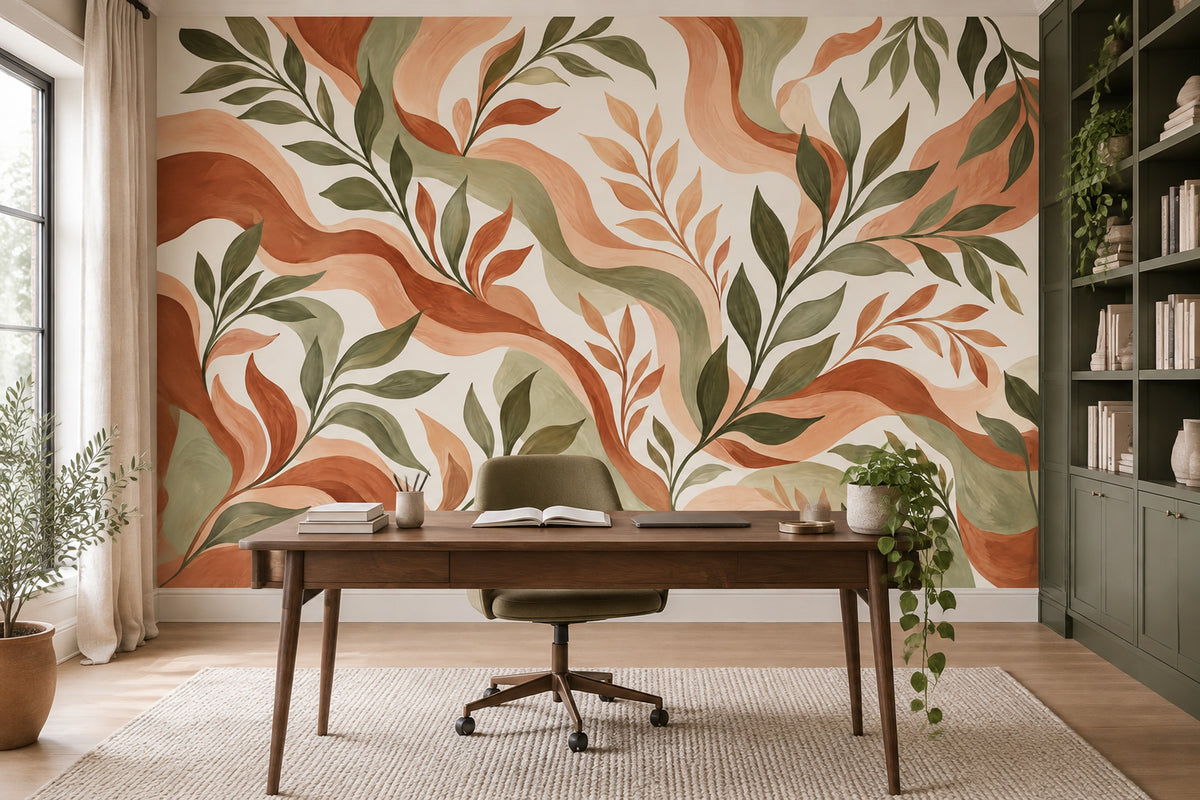 Green Leaf Branches Wallpaper Terracotta Bohemian Wall Mural