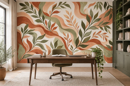 Green Leaf Branches Wallpaper Terracotta Bohemian Wall Mural