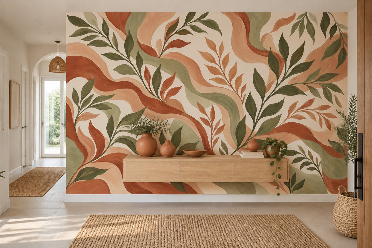 Green Leaf Branches Wallpaper Terracotta Bohemian Wall Mural