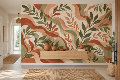 Green Leaf Branches Wallpaper Terracotta Bohemian Wall Mural
