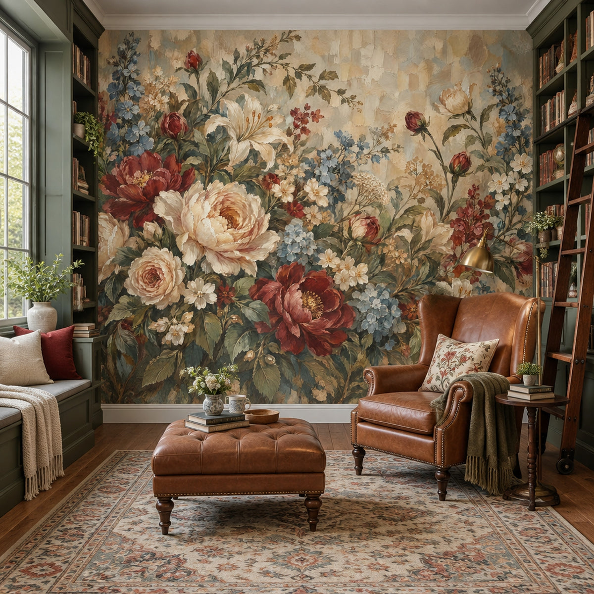Vintage Garden Roses Wallpaper Muted Green Floral Wall Mural