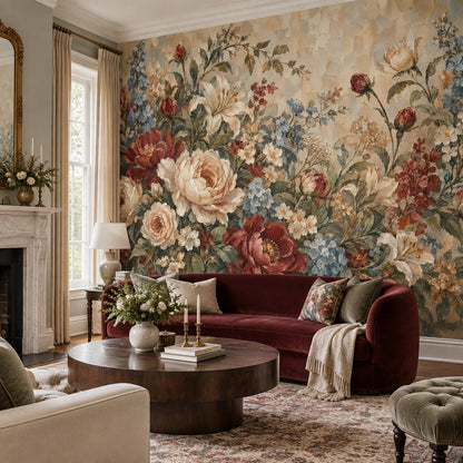 Vintage Garden Roses Wallpaper Muted Green Floral Wall Mural