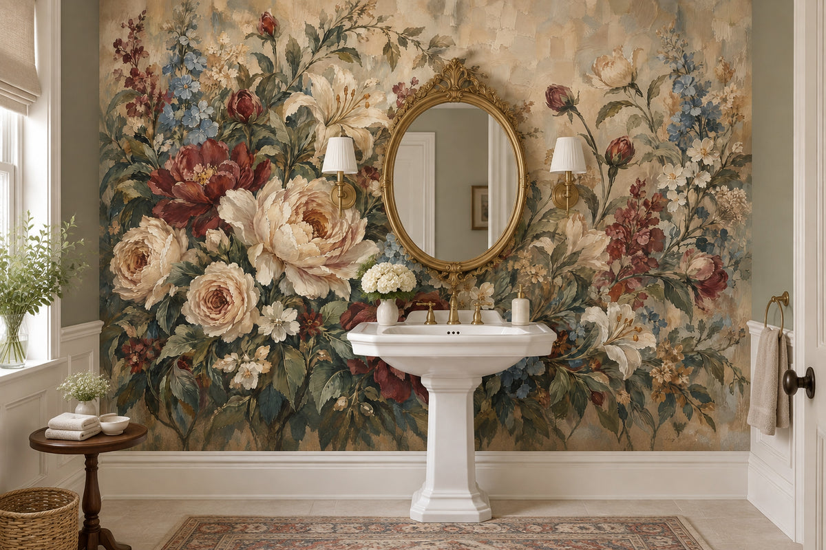 Vintage Garden Roses Wallpaper Muted Green Floral Wall Mural