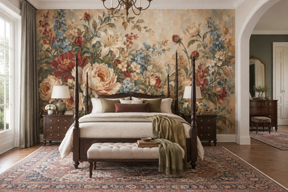 Vintage Garden Roses Wallpaper Muted Green Floral Wall Mural