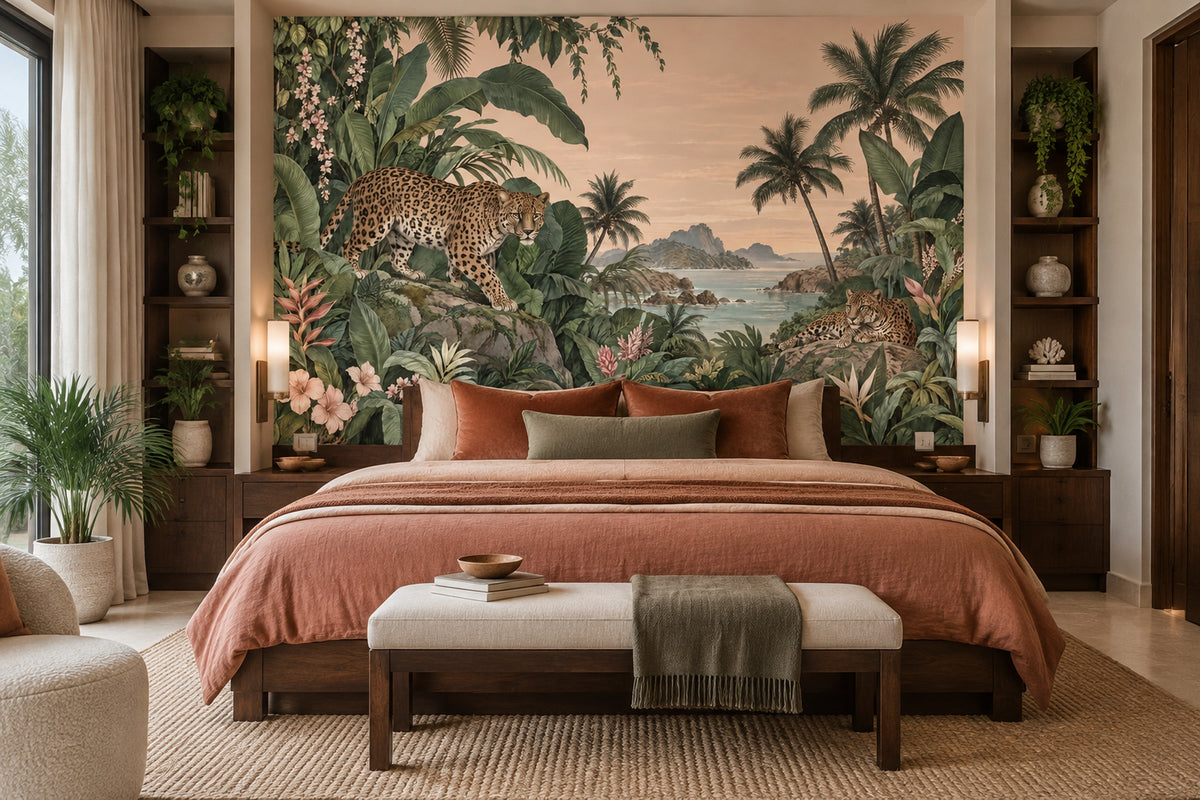 Leopard Jungle Coast Wallpaper Vintage Tropical Wall Mural