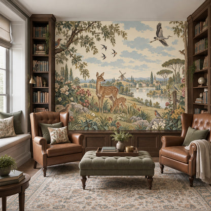 Deer And Windmill Wallpaper Vintage Countryside Wall Mural
