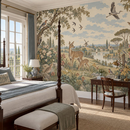 Deer And Windmill Wallpaper Vintage Countryside Wall Mural