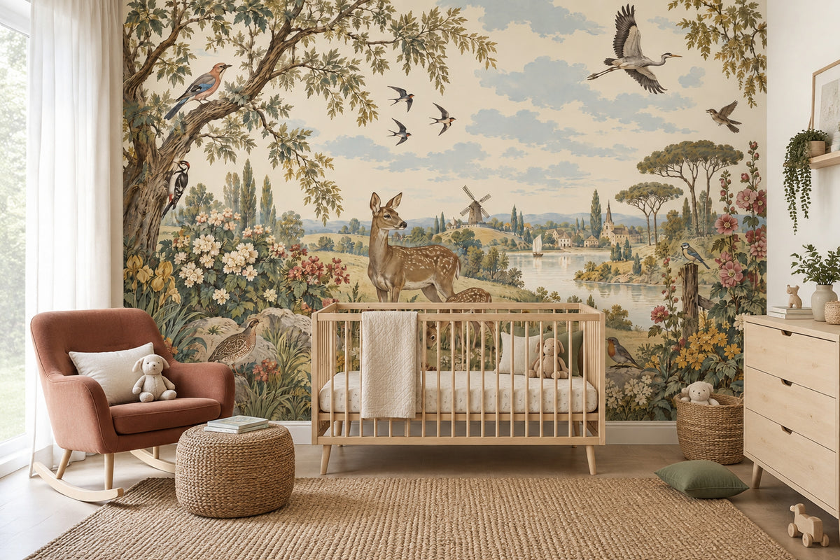 Deer And Windmill Wallpaper Vintage Countryside Wall Mural