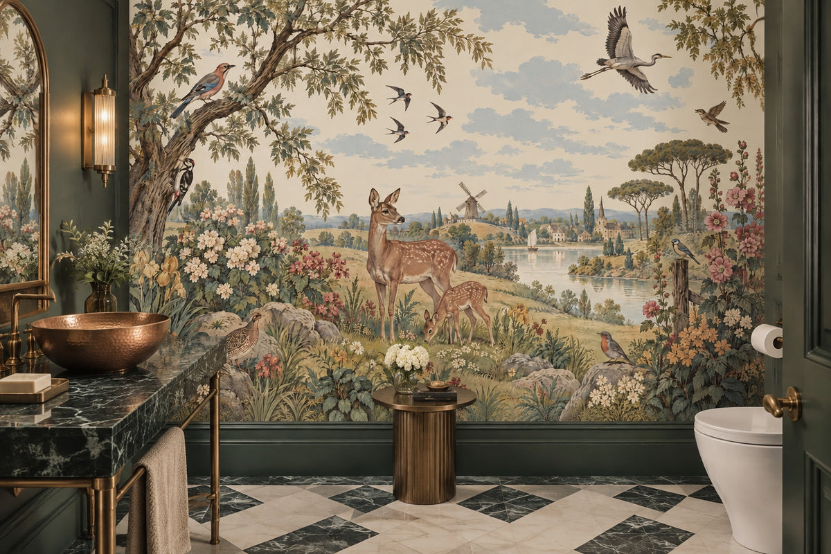 Deer And Windmill Wallpaper Vintage Countryside Wall Mural