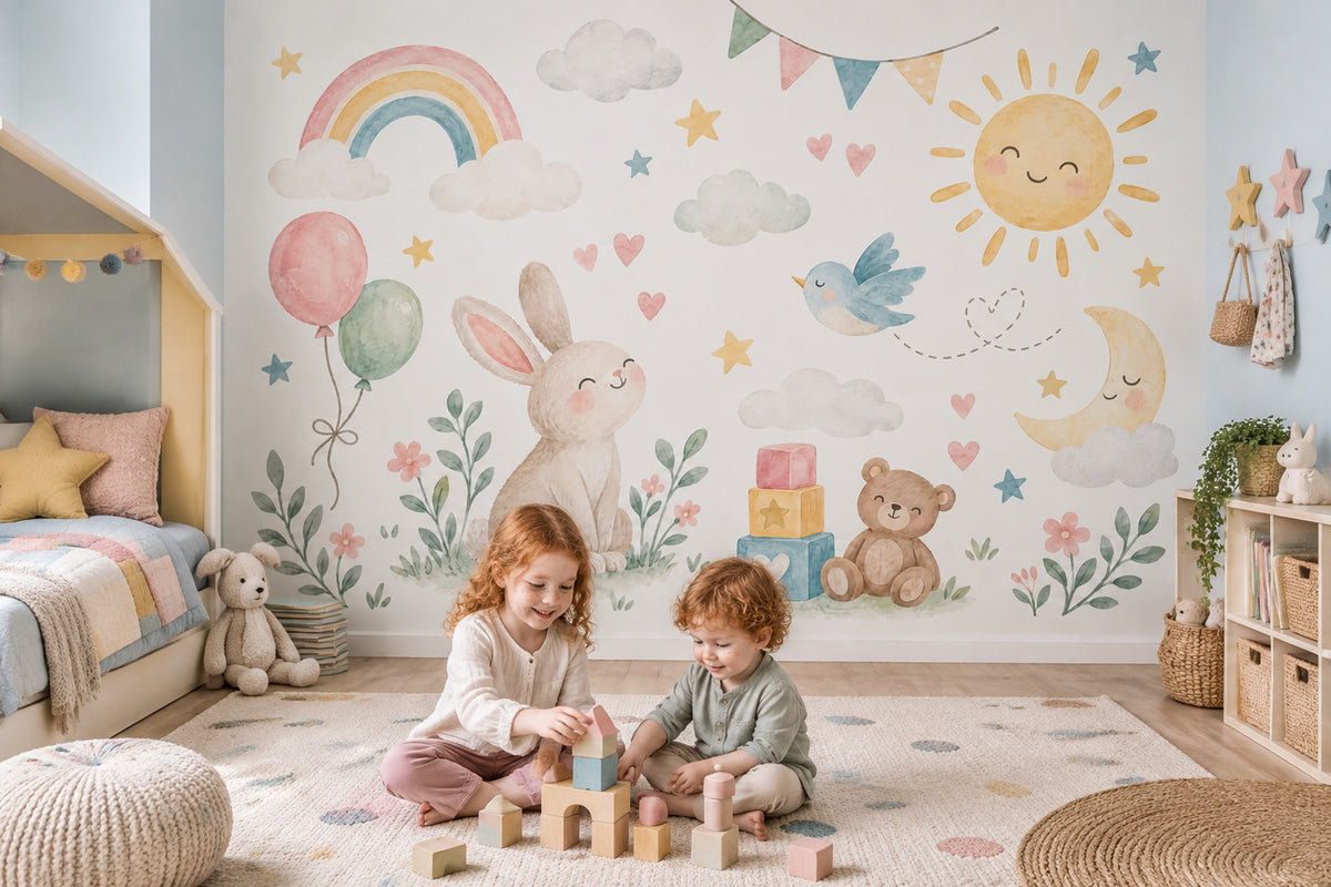 Watercolor Nursery Bunny Wallpaper Pastel Rainbow Wall Mural