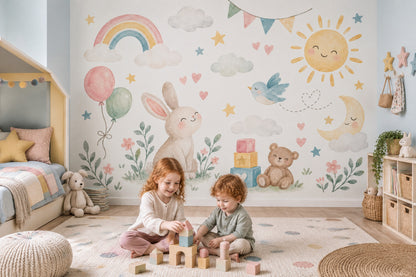 Watercolor Nursery Bunny Wallpaper Pastel Rainbow Wall Mural