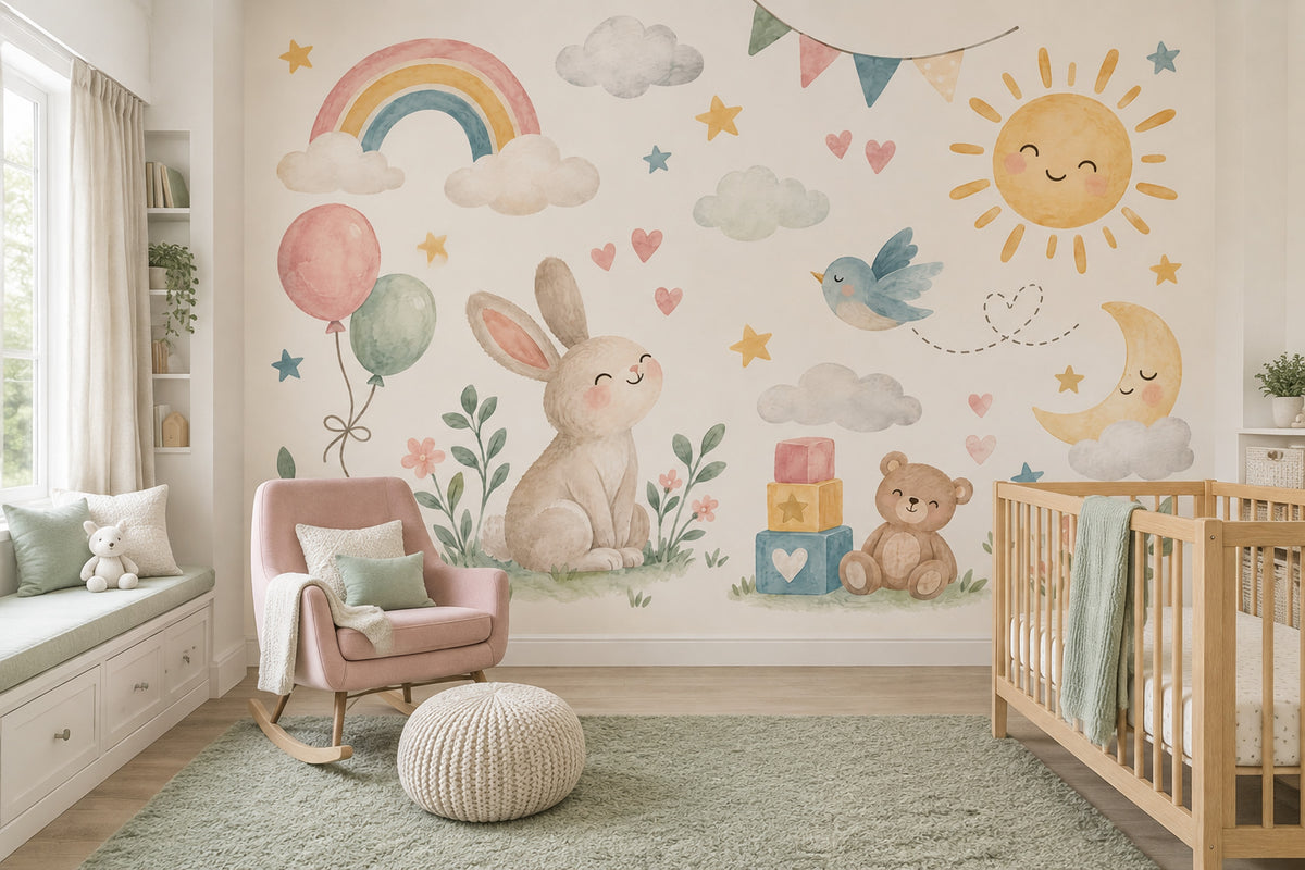 Watercolor Nursery Bunny Wallpaper Pastel Rainbow Wall Mural