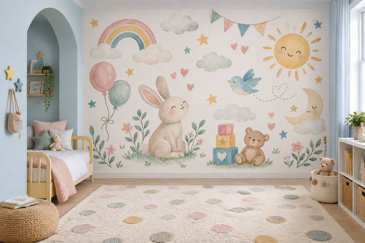 Watercolor Nursery Bunny Wallpaper Pastel Rainbow Wall Mural
