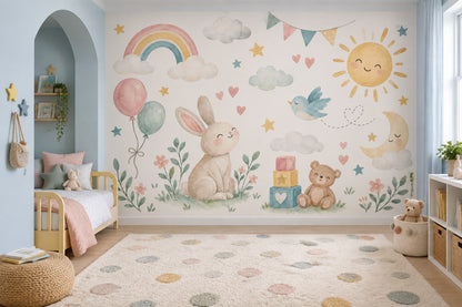 Watercolor Nursery Bunny Wallpaper Pastel Rainbow Wall Mural