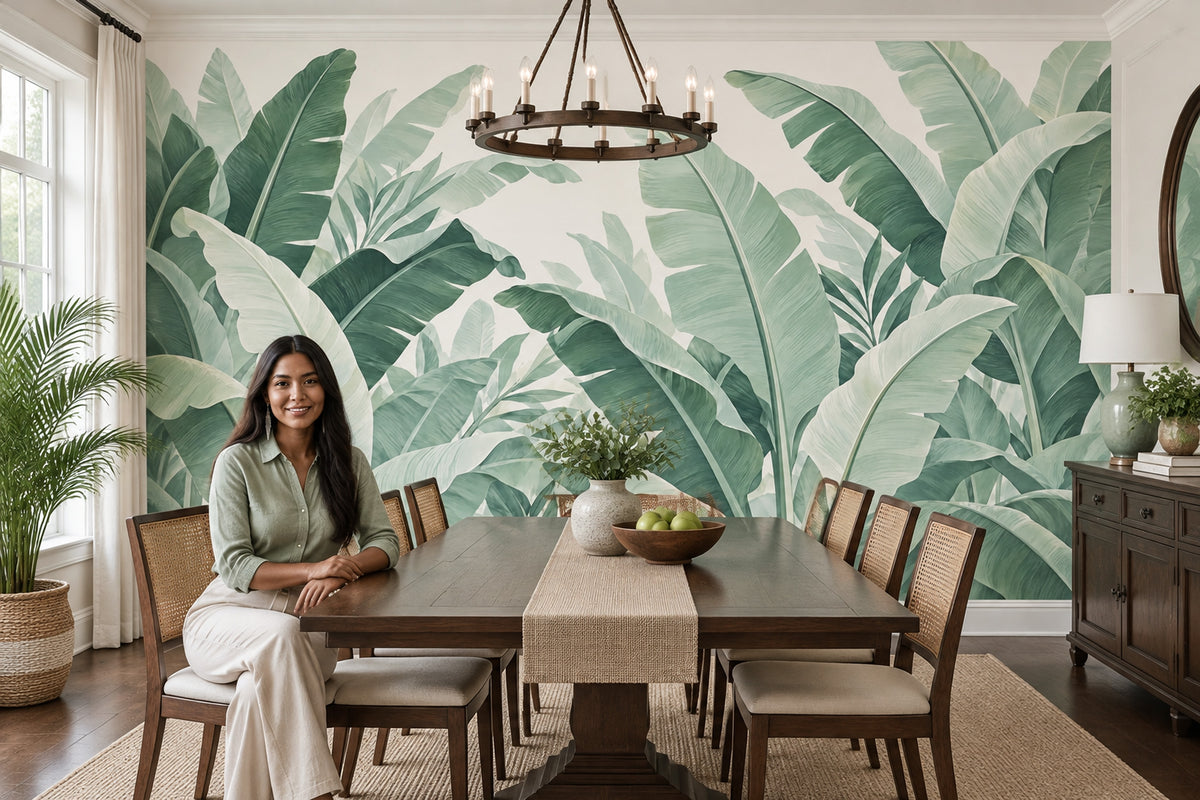 Tropical Banana Leaves Wallpaper Cream Background Wall Mural