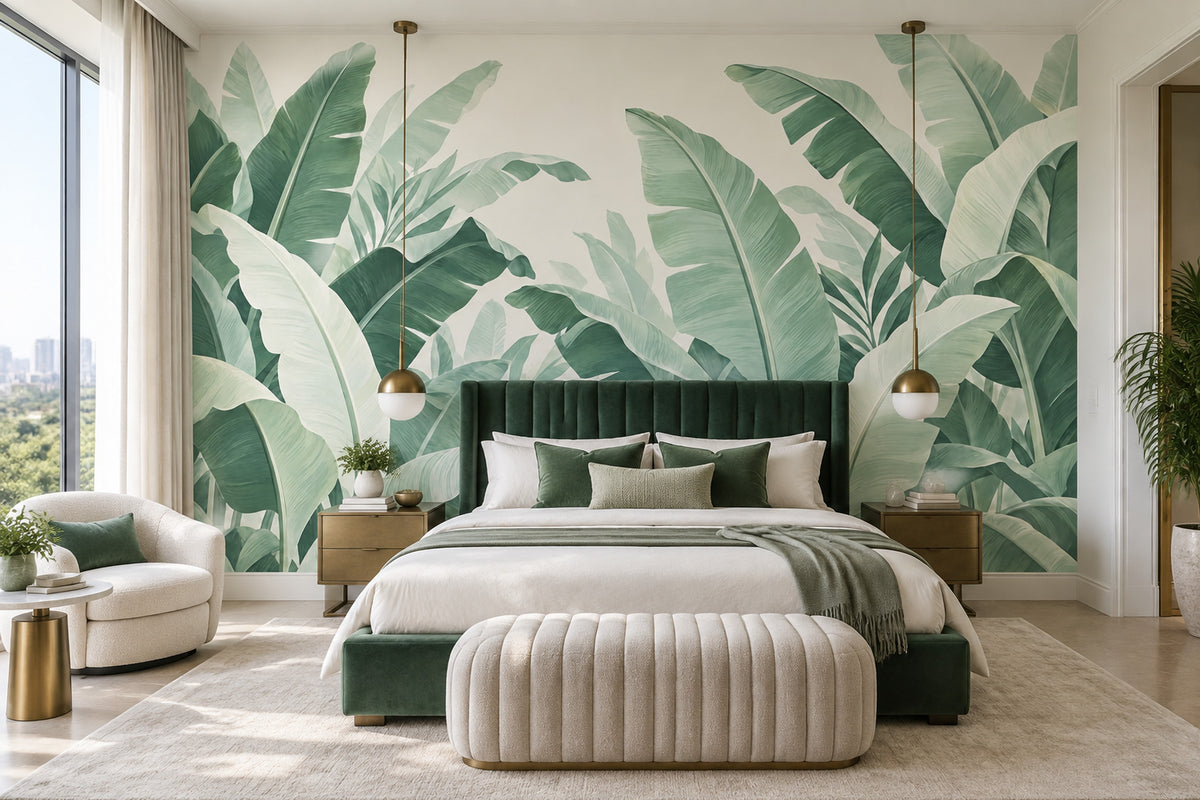 Tropical Banana Leaves Wallpaper Cream Background Wall Mural