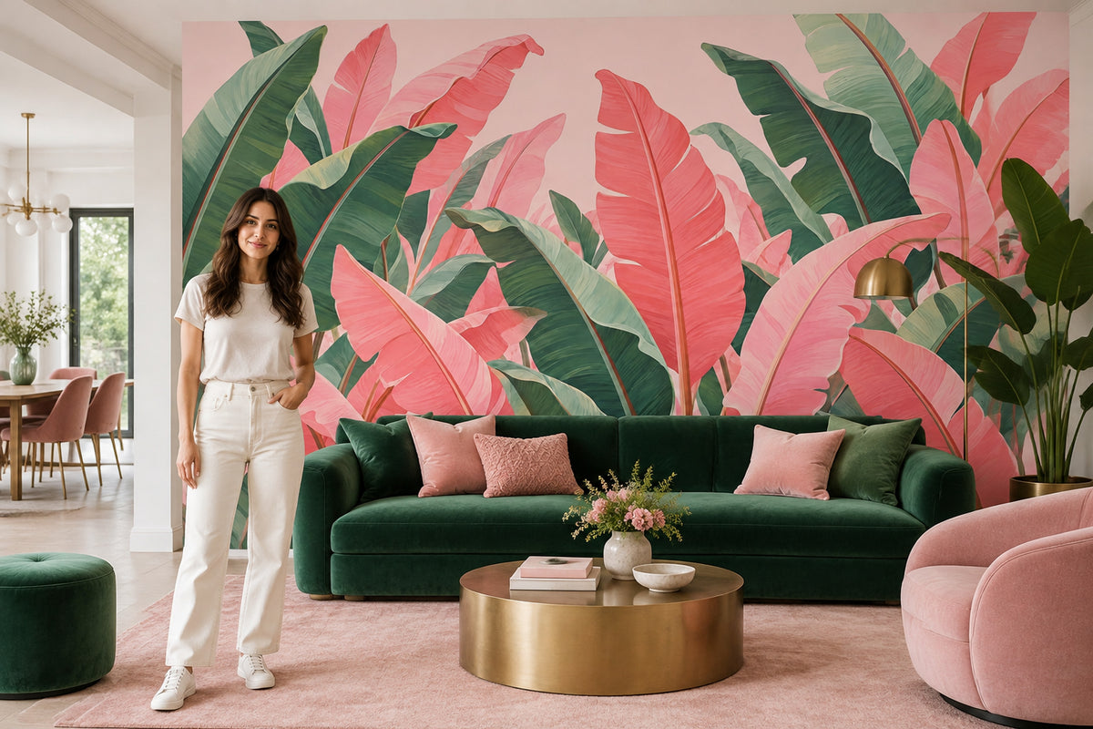 Tropical Leaves Wallpaper Pink Banana Leaf Wall Mural