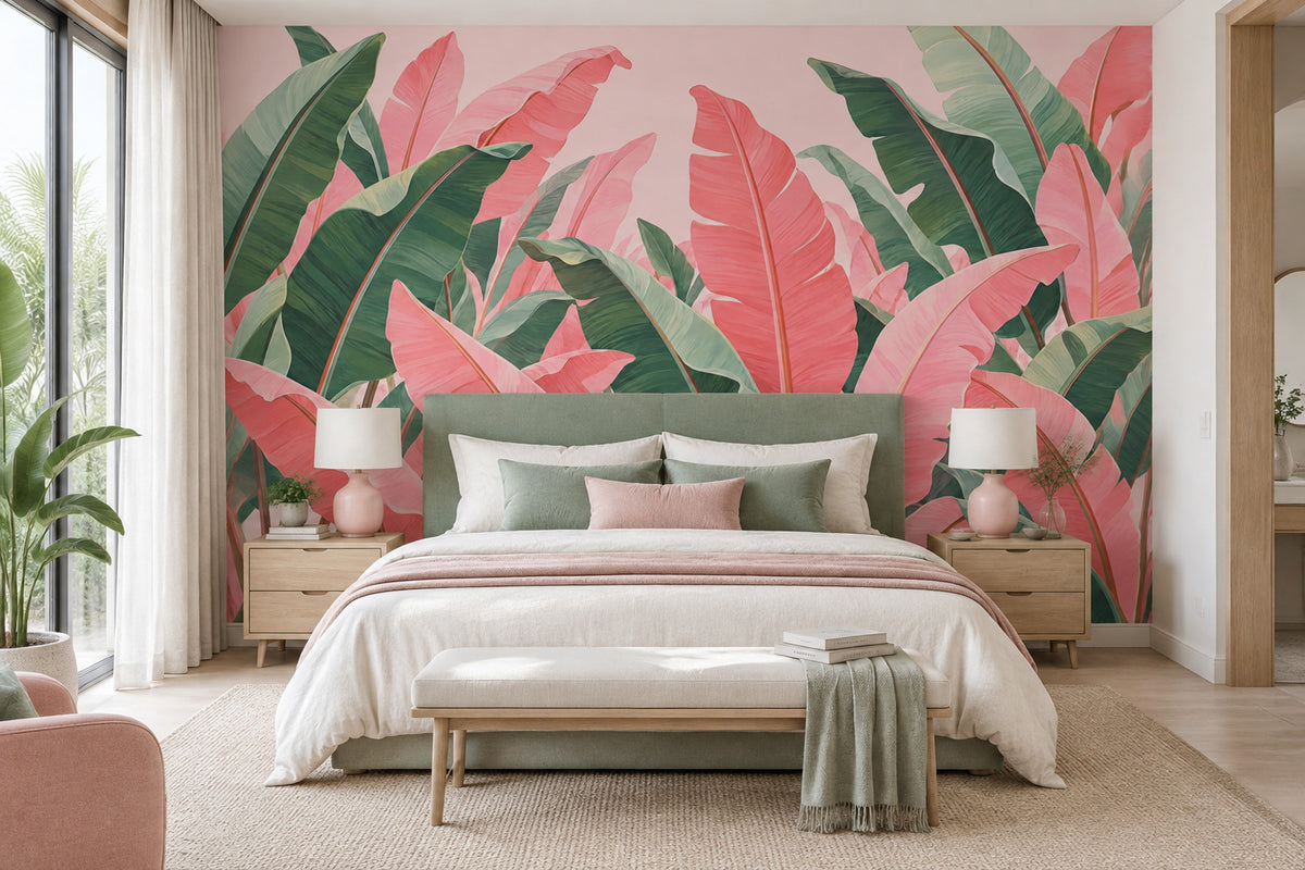 Tropical Leaves Wallpaper Pink Banana Leaf Wall Mural