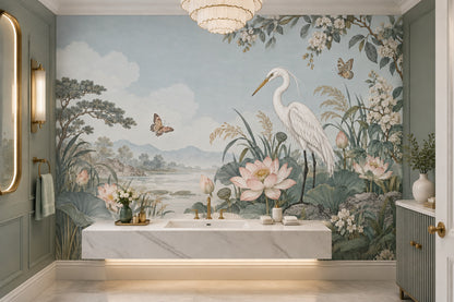 Heron And Lotus Wallpaper Chinoiserie Floral Landscape Wall Mural
