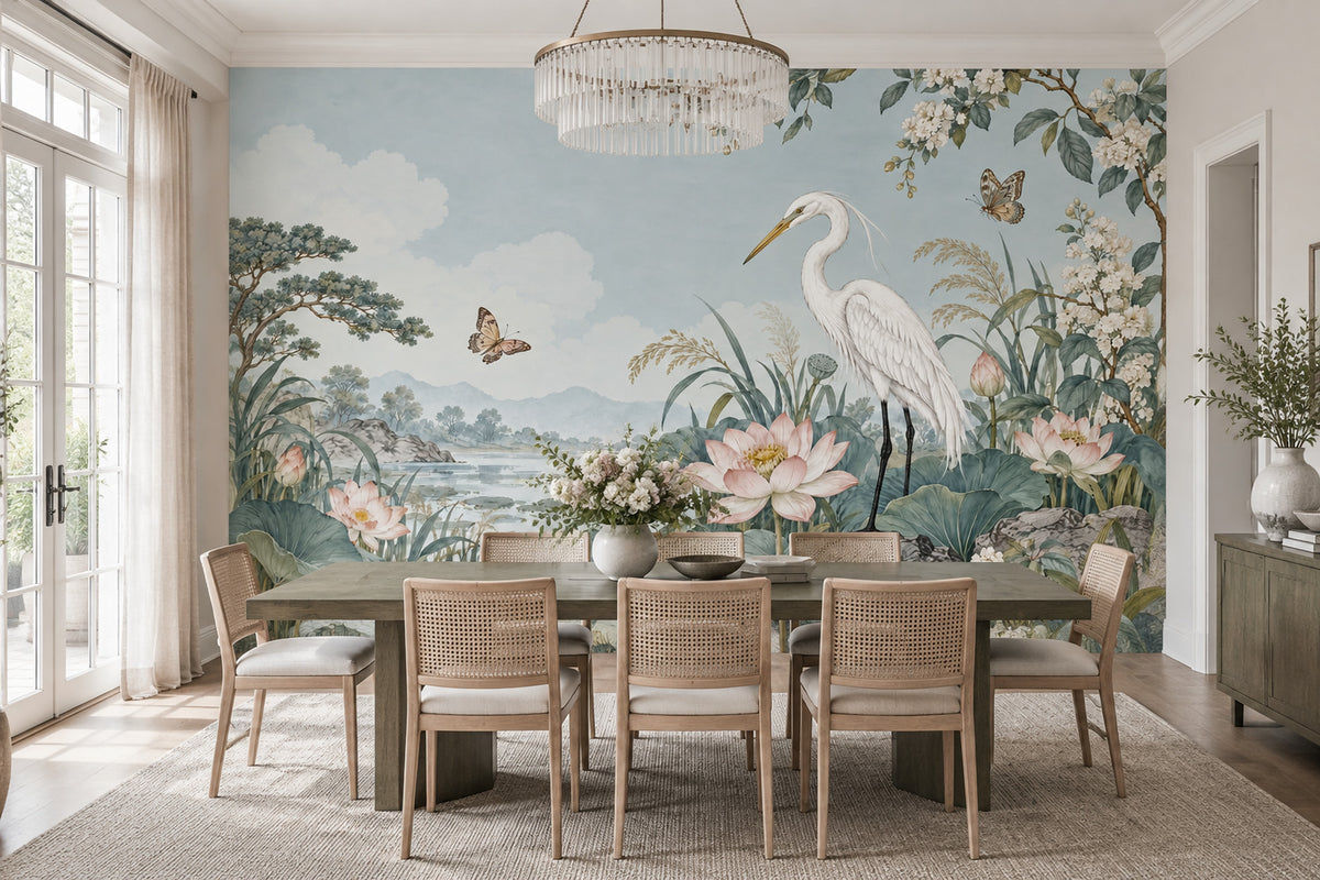 Heron And Lotus Wallpaper Chinoiserie Floral Landscape Wall Mural
