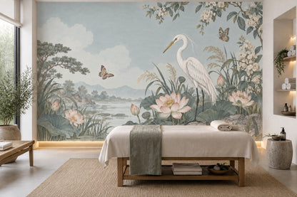 Heron And Lotus Wallpaper Chinoiserie Floral Landscape Wall Mural