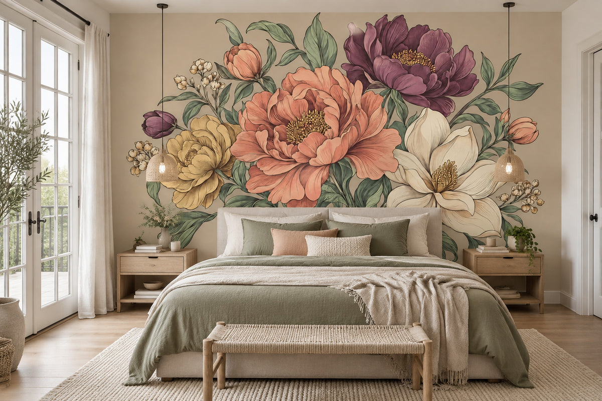 Vintage Peony Wallpaper Beige Botanical Wall Mural