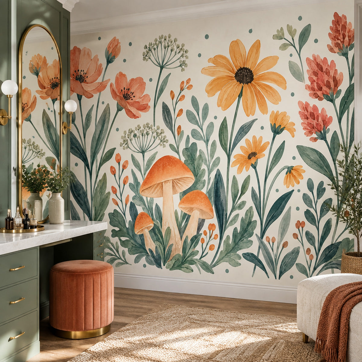 Watercolor Wildflowers Wallpaper Muted Green Botanical Wall Mural