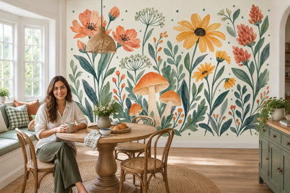Watercolor Wildflowers Wallpaper Muted Green Botanical Wall Mural