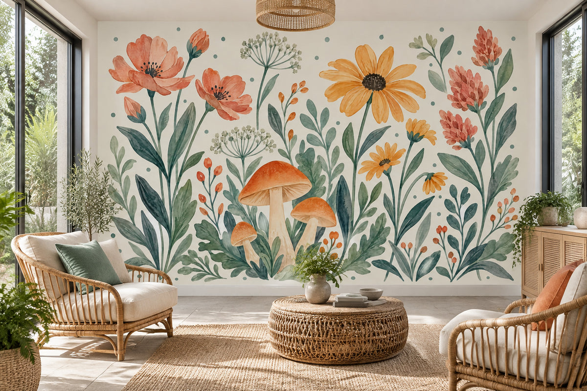 Watercolor Wildflowers Wallpaper Muted Green Botanical Wall Mural