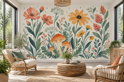 Watercolor Wildflowers Wallpaper Muted Green Botanical Wall Mural